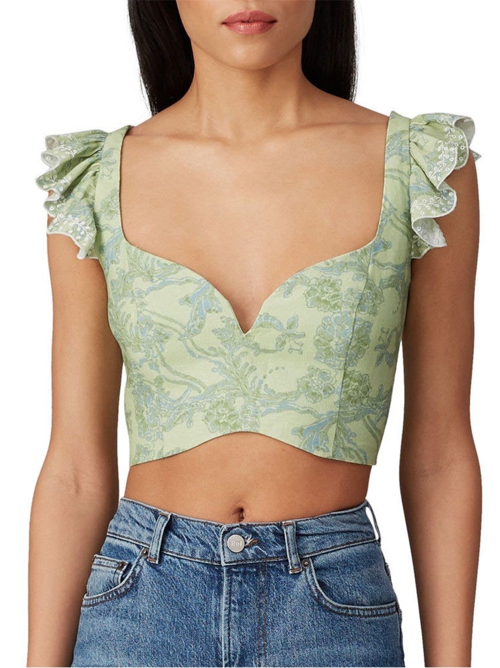 AMUR Rafaela Light Green Floral Sweetheart Ruffle Crop Tank Top, XL, VGUC
